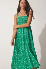 Happiness İstanbul Women's Green Floral Straps Summer Knitted Dress