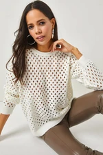 Olalook Women's Ecru Crew Neck Openwork Knitwear Blouse