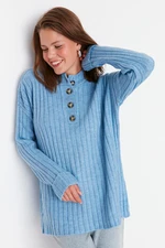 Trendyol Blue Buttoned Corduroy Knitwear Sweater