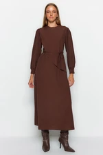 Trendyol Brown Belted Front Split Cotton Woven Dress