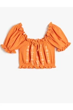 Koton Crop Blouse with Ruffle Embroidered Short Sleeves with Pleated Front