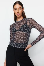 Trendyol Black Printed Tulle Fitted/Simple Crop, Stretchy Knit Blouse