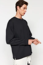 Trendyol Men's Black Oversize Slogan Printed Slits at the Neck Cotton Sweatshirt