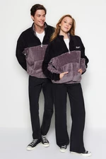 Trendyol Black Unisex Oversized Stand Collar Zippered Color Block Color Block Minimal Embroidery Warm Plush Sweatshirt.