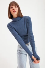 Trendyol Indigo Fitted Turtleneck Toe Detail Ribbed Stretch Knit Blouse