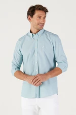 Pánska khaki-biela slim fit košeľa s pruhmi, s golierom na gombíky, bavlnená, značky AC&Co / Altınyıldız Classics