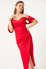 Lafaba Women's Red Bateau Neck Draped Midi Evening Dress