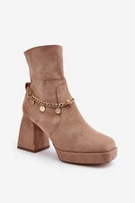 Women's high-heeled ankle boots with chain, beige Tiselo