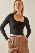 XHAN Black U Neck Laced Camisole Crop Blouse