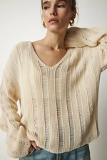 Happiness İstanbul Women's Cream Torn Detailed Oversized Knitwear Sweater