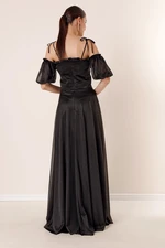 By Saygı Pleated Collar With Balloon Sleeves Lined Glittery Long Dress Black