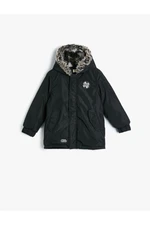 Koton Long Puffy Coat Faux Fur Detailed Hooded, Zippered With Pocket.