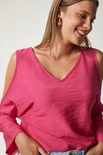 Happiness İstanbul Women's Pink Off-the-Shoulder Release-Length Flowy Curtain Wrap Blouse