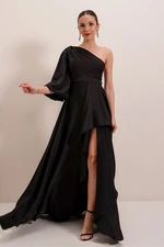 By Saygı One-Sleeved Crepe Satin Long Dress with Ruffle Front and Lined Black