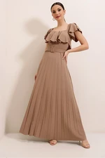 By Saygı Pleated Long Dress Beige