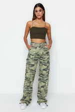 Trendyol Multicolored Ribstop Camouflage Print High Waist Wide Leg Jeans with Cargo Pocket