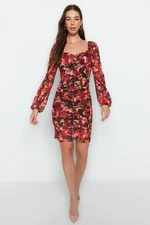 Trendyol Red Printed Tulle Sweetheart Neck Fitted Long Sleeve Mini Stretch Knit Dress