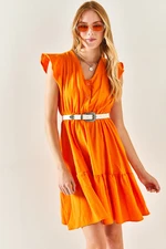 Olalook Women's Orange Viscose Dress with Frill Shoulder and Buttons