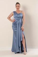 By Saygı Plus Size Long Satin Dress Indigo