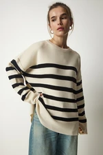 Happiness İstanbul Women's Bone Black Striped Oversize Knitwear Sweater