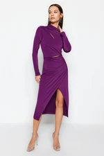 Trendyol Plum Purple Fitted Evening Dress with Window/Cut Out Details