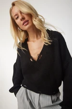 Happiness İstanbul Women's Black Ripped Detailed V-neck Knitwear Sweater