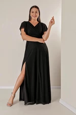 By Saygı Double Breasted Neck Front Draped Lined Plus Size Long Silvery Dress with Flounce Slit on the Sleeves
