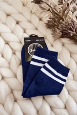 Women's cotton sports socks with stripes navy blue