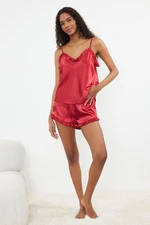 Trendyol Burgundy Ruffled Rope Strap Satin Woven Pajama Set