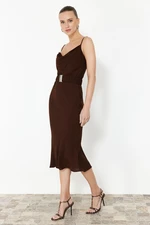 Trendyol Brown Belted Shift/Straight Cut Lace Collar Midi Woven Dress