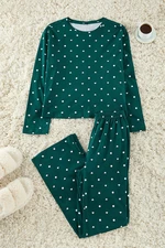 Trendyol Emerald Green 100% Cotton Polka Dot and Heart Patterned Knitted Pajama Set