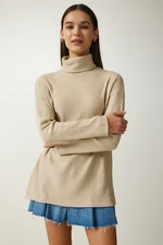 Happiness İstanbul Women's Beige Turtleneck Ribbed Oversize Knitted Blouse