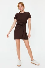 Trendyol Brown Tie Detailed Crew Neck Knitwear Look Mini Knitted Dress