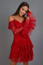 Carmen Red Lace Long Sleeve Short Evening Dress