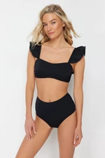 Trendyol Black Bralette Frilly Textured High Waist Hipster Bikini Set