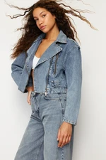 Trendyol Dark Blue Zipper Detailed Biker Denim Jacket