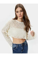 Koton Crochet Crop Top Long Wide Sleeves Crew Neck Openwork