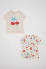 DEFACTO Baby Girl Newborn Envelope Collar Fruit Patterned Combed Cotton Short Sleeve 2-Pack Snap T-Shirt