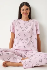 Happiness İstanbul Women's Light Pink Patterned Viscose Trousers T-Shirt Pajama Set