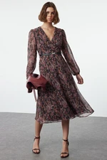 Trendyol Brown Floral Belted A-Line Midi Double Breasted Collar Patterned Chiffon Woven Dress