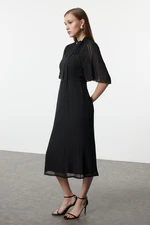 Trendyol Black Pleated Sleeve Tied Collar A-Line Lined Midi Chiffon Woven Winter Dress