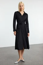 Trendyol Black Crepe Shift Belted Long Sleeve Stretch Knit Dress