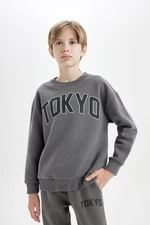 DEFACTO Boy Anthracite Oversize Wide Pattern Crew Neck Thick School Sweatshirt