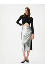 Koton Metallic Midi Skirt High Waist Slit Detail