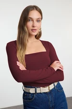 Trendyol Dark Burgundy Square Neck Gathered/Drape Detailed Slim/Fits Body Knitted Blouse