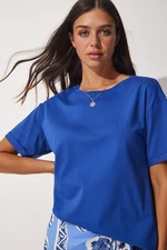 Happiness İstanbul Women's Blue Crew Neck Cotton Loose Knitted T-Shirt