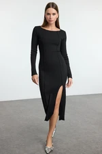 Trendyol Black Straight Slit Midi Boat Neck Fitted/Fits Slit Knit Dress