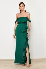 Trendyol Emerald Green Flounced Woven Satin Long Evening Evening Dress