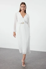 Trendyol Ecru Belted A-Line Pleated Maxi Lined Chiffon Woven Dress