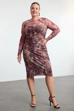 Trendyol Curve Brown Tulle Knit Plus Size Dress